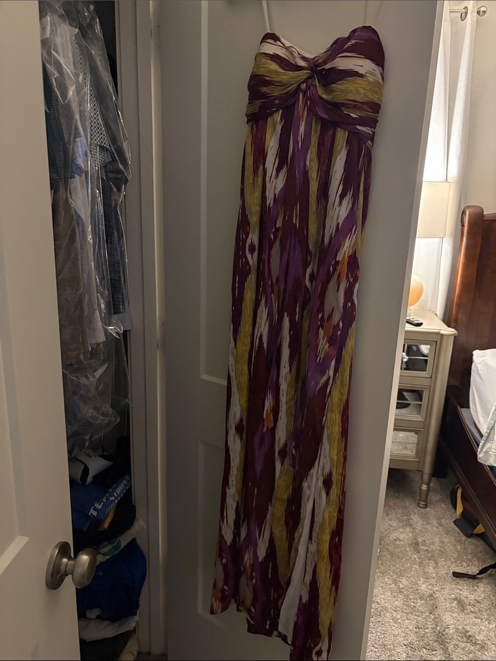 Gianni Bini Strapless Maxi Dress in Purple, Olive & White Print